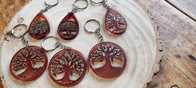 Lot de 3 Portes clés  " Arbres de Vie" formes ronde  couleur marron noisette - blanc