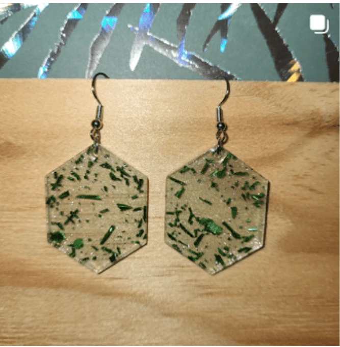 Boucle d'oreille hexagonale transp f vert métal