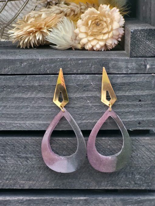 Boucles d'oreilles Goutte contour violet gris poudré 