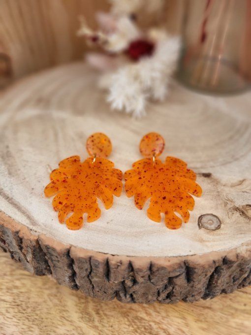 Boucles d'oreilles Feuille orange incrustée feuille rouge