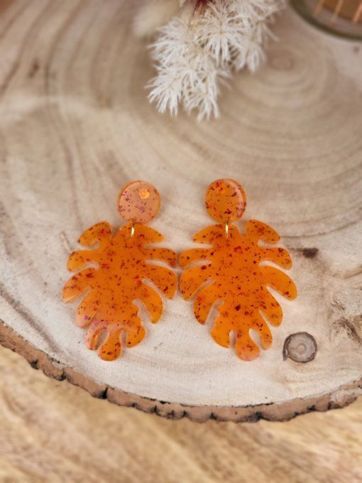 Boucles d'oreilles Feuille orange incrustée feuille rouge