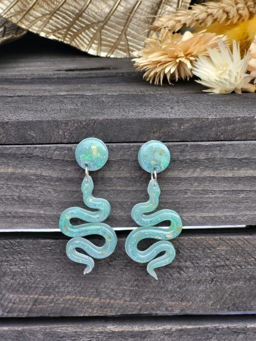 Boucles d’oreilles Serpent bleu turquoise pailletées, attaches clous