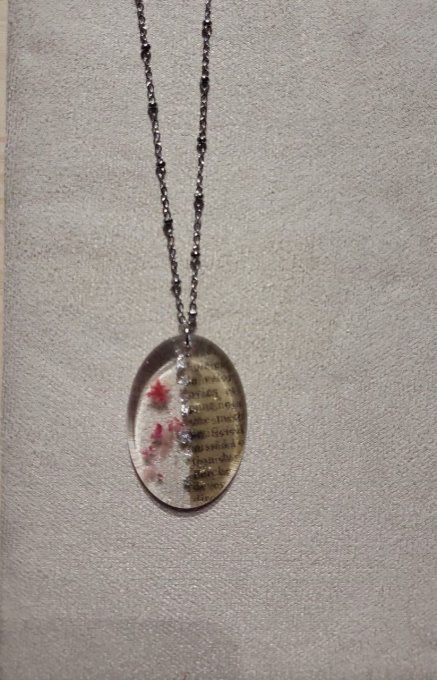 Collier chaîne torsade et perles argent, médaillon vintage journal et fleurs